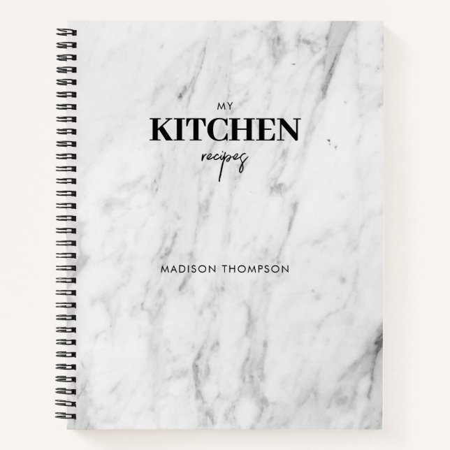 Personalized Modern White Marble Kitchen Recipe Notebook (Front)