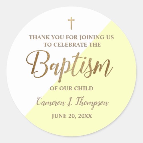 Personalized Modern YELLOW Baby baptism thank you Classic Round Sticker