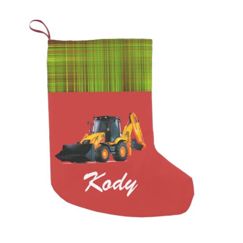 Personalized Modern Yellow Loader Tractor on Red Small Christmas Stocking