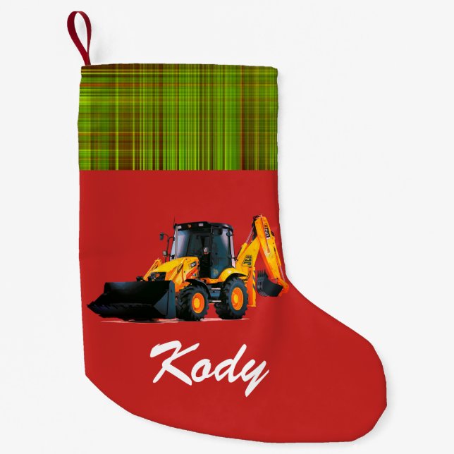 Personalized Modern Yellow Loader Tractor on Red Small Christmas Stocking (Front)
