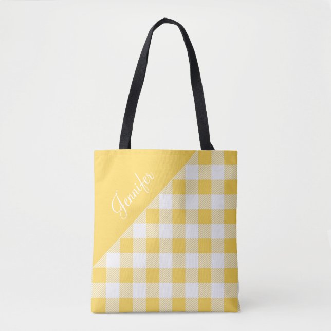 Personalized Modern Yellow Plaid Tote Bag (Front)