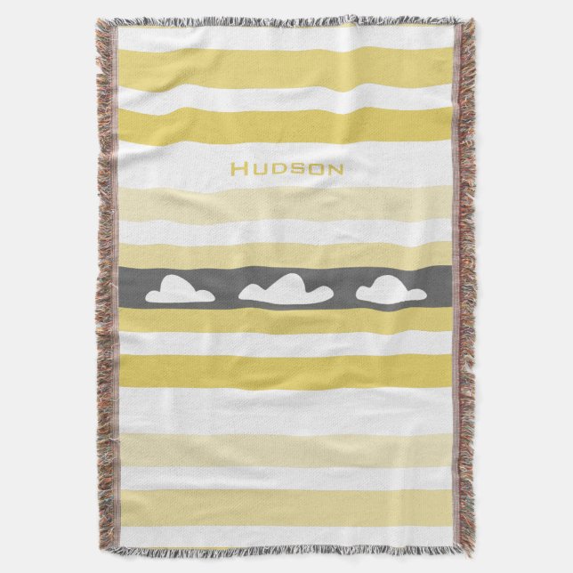 Personalized Modern Yellow Striped Clouds Throw Blanket (Front Vertical)