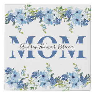 Personalized Mom Children Names Blue Green Floral Faux Canvas Print