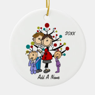 Personalized Mom, Dad, Two Girls Red Ceramic Ornament