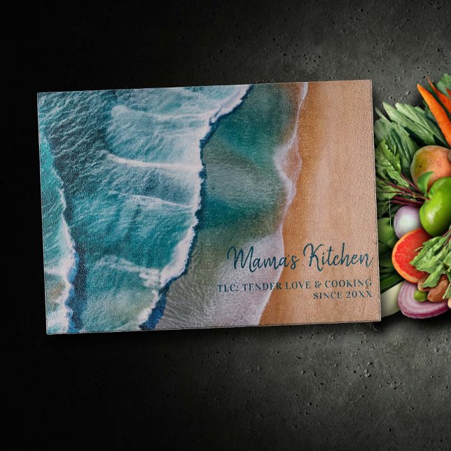 Personalized Mom Gift Tender Love TLC Ocean Waves Cutting Board (mom cutting board personalized gift christmas birthday mothers day ocean waves beach elegant decor)