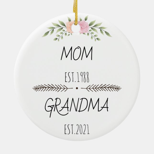 Personalized Mom Grandma Est Custom Year, flowers Ceramic Ornament (Back)