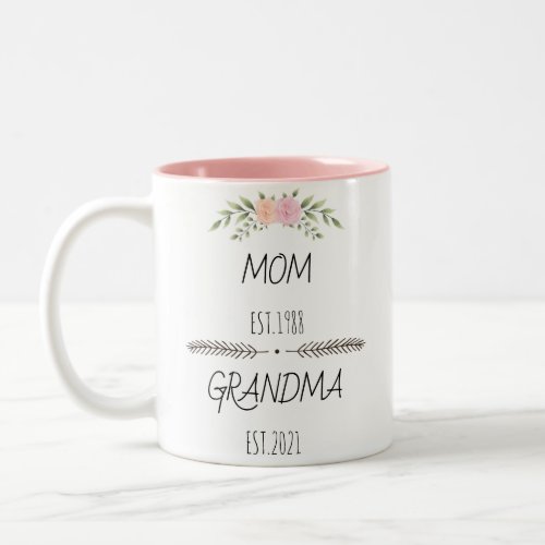 Personalized Mom Grandma Est Custom Year flowers Two_Tone Coffee Mug
