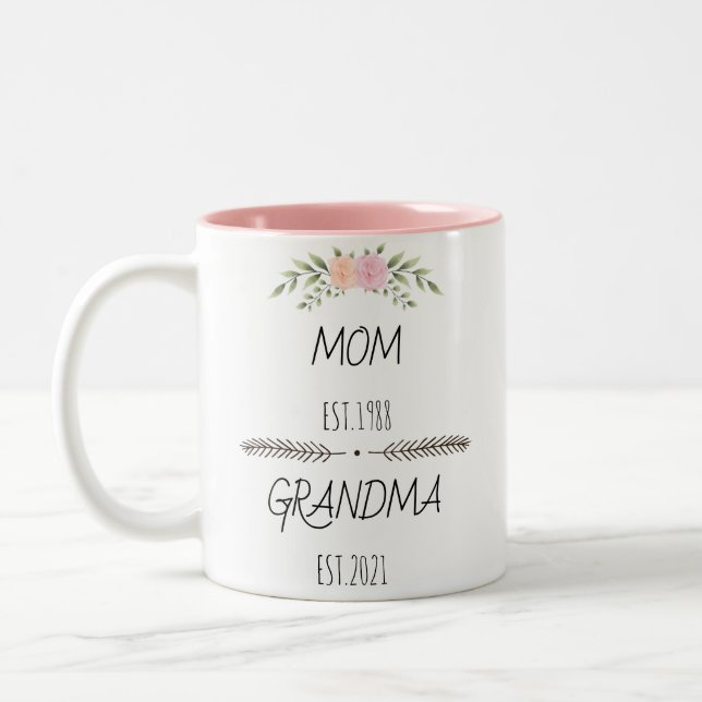 Personalized Mom Grandma Est Custom Year, flowers Two-Tone Coffee Mug (Left)