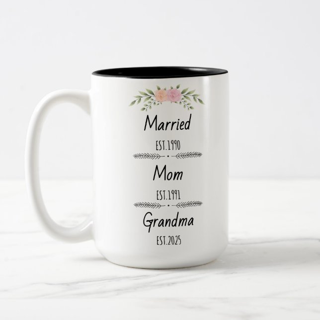Personalized Mom Grandma Est Custom Year Two-Tone Coffee Mug (Left)