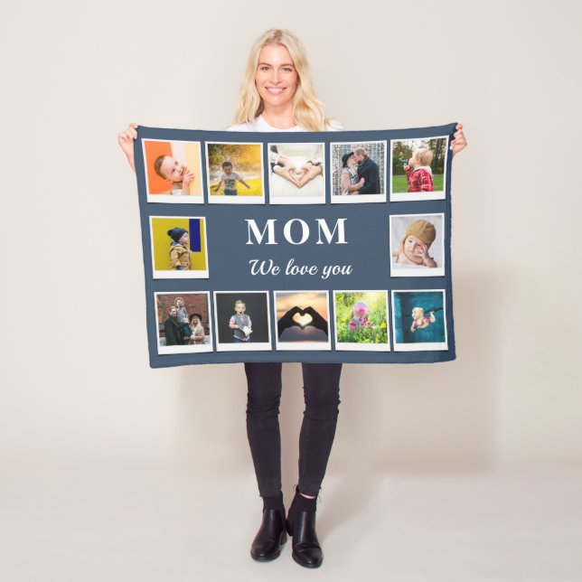 Personalized Mom Kids Children 12 Photo Collage Fleece Blanket (In Situ)
