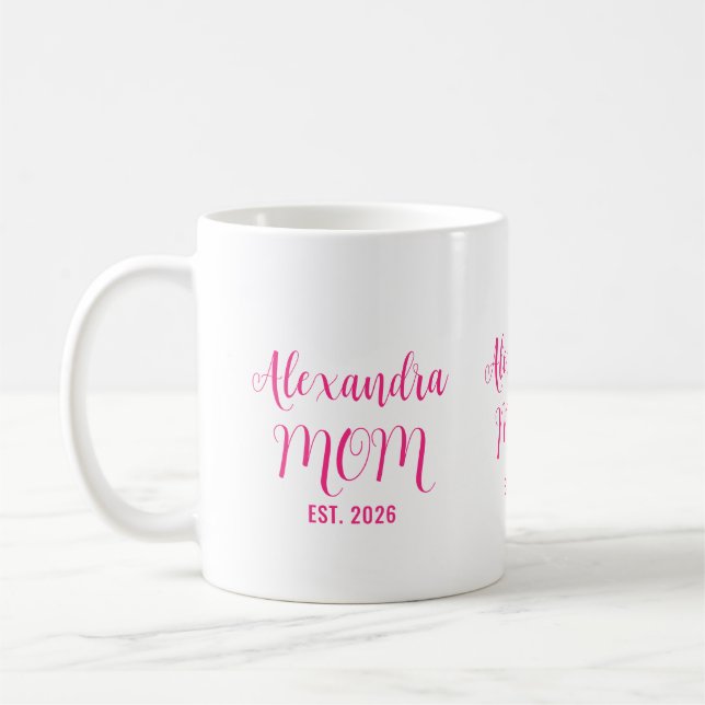 Personalized Mom Name Established Pink Script  Coffee Mug (Left)