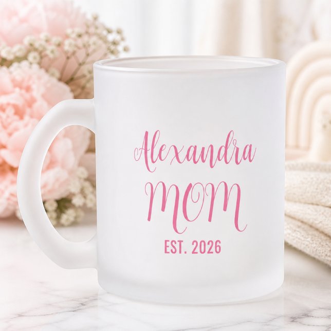 Personalized Mom Name Established Pink Script  Frosted Glass Coffee Mug (Creator Uploaded)
