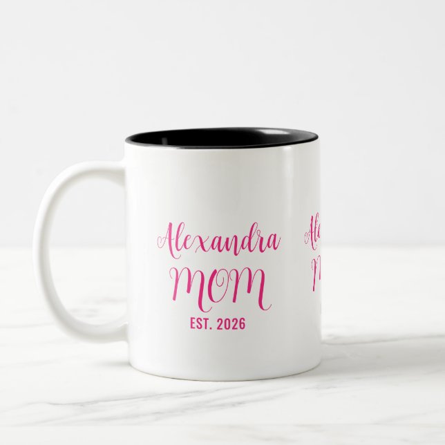 Personalized Mom Name Established Pink Script  Two-Tone Coffee Mug (Left)