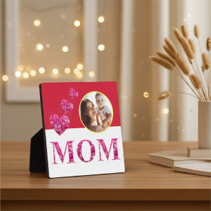 Personalized MOM Photo and Pink Floral Hearts Plaque