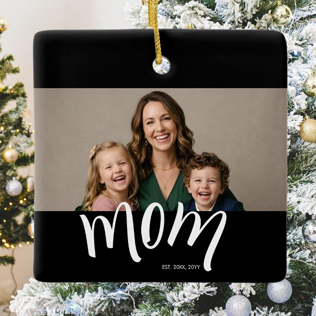 Personalized Mom Photo Year Established Modern Ceramic Ornament (Creator Uploaded)