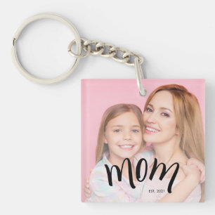 Personalized Mom Photo Year Established Modern Keychain