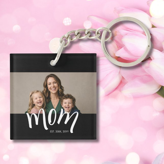 Personalized Mom Photo Year Established Modern Keychain (Creator Uploaded)