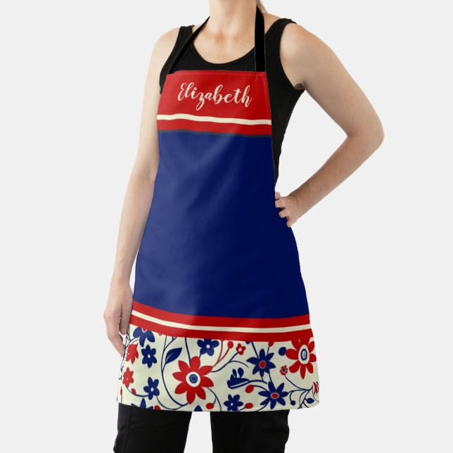Personalized Mom Red White Blue Floral Apron (Insitu)