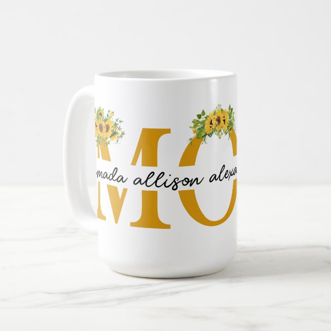 Personalized MOM Sunflower with children's names Coffee Mug (Front Left)