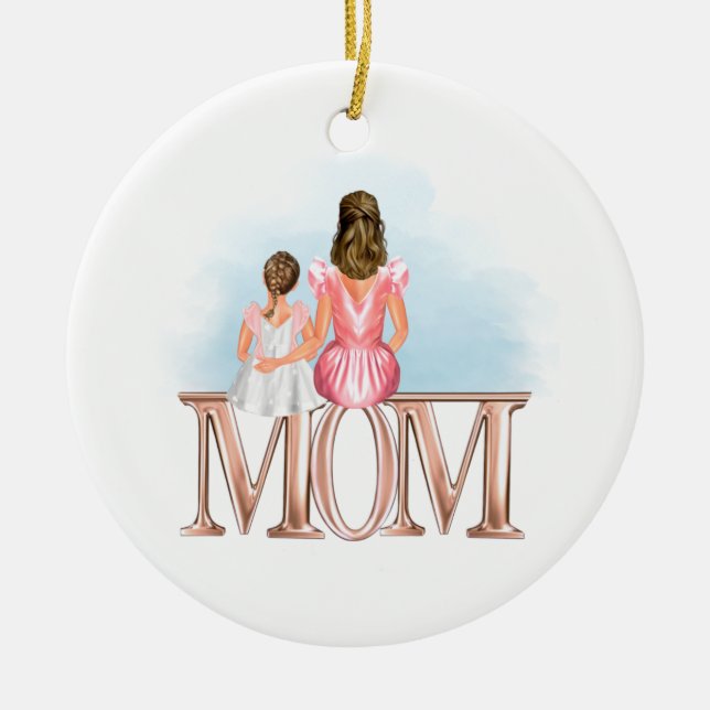 Personalized Mom with daughter brown hair ornament (Front)