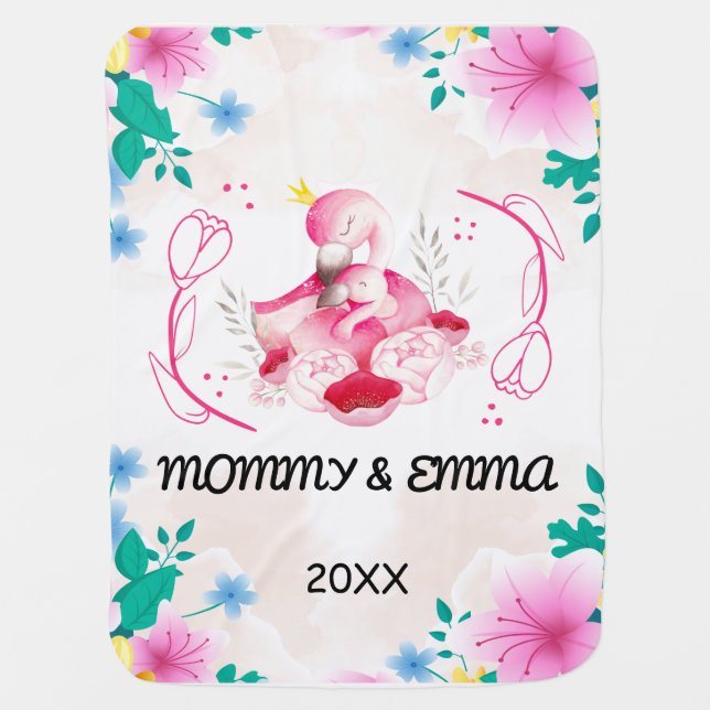 Personalized Mommy & Baby Flamingo, Custom Name Baby Blanket (Front)