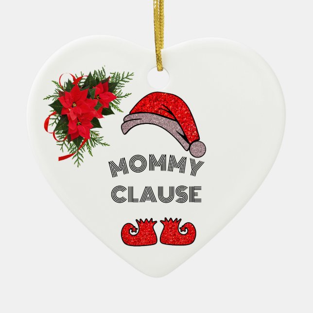 Personalized Mommy Clause Floral Heart Shaped Ceramic Ornament (Front)