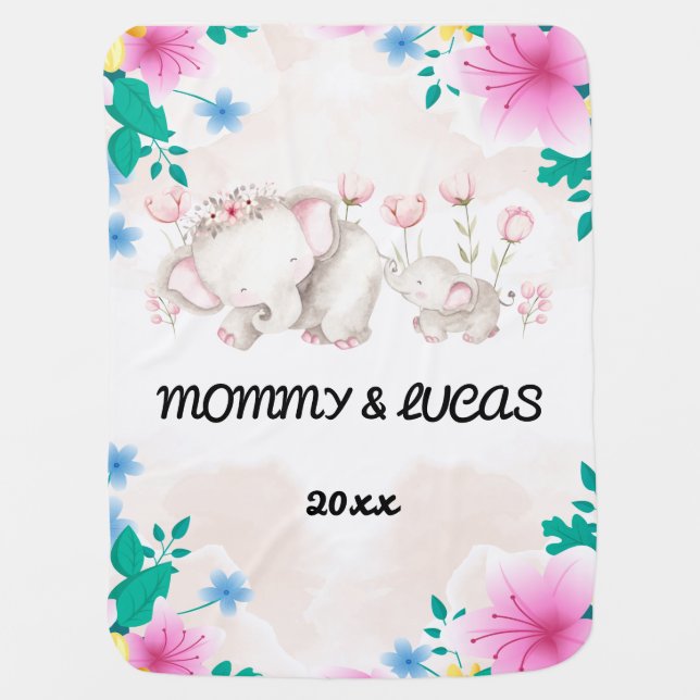 Personalized Mommy & Girl elephant Baby Blanket (Front)