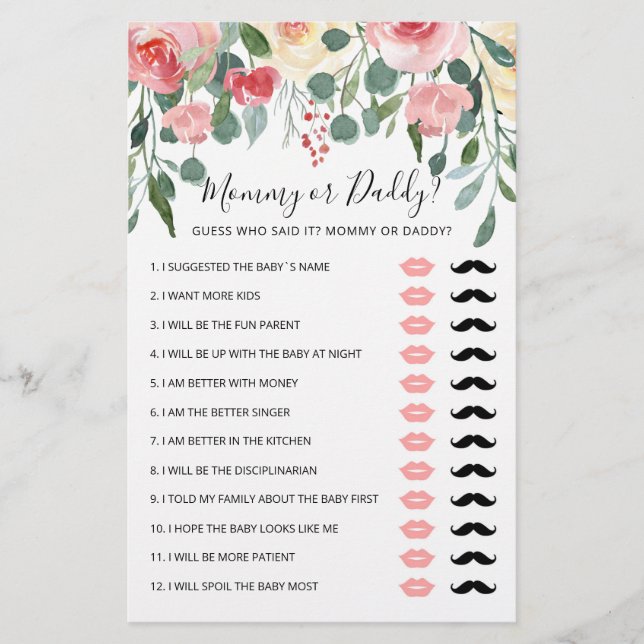 Personalized Mommy or Daddy Baby Shower party game (Front)