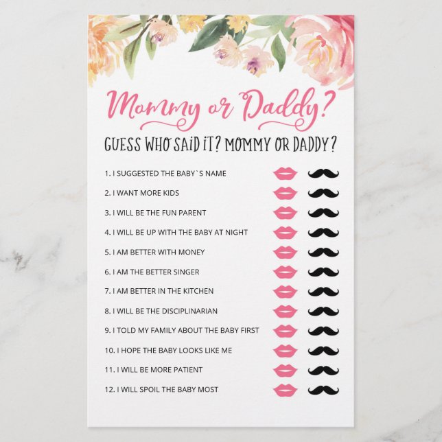 Personalized Mommy or Daddy Baby Shower party game (Front)