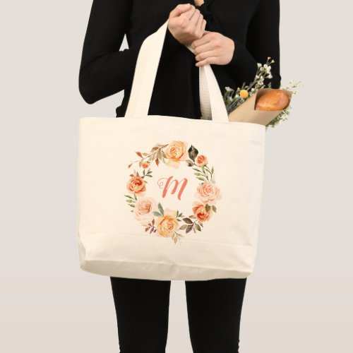 Personalized Momogram Peach Floral Jumbo Tote Bag