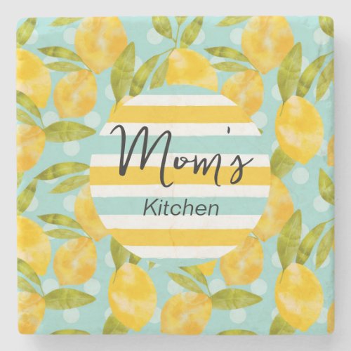 Personalized Moms Kitchen Quote Lemons Pattern Stone Coaster