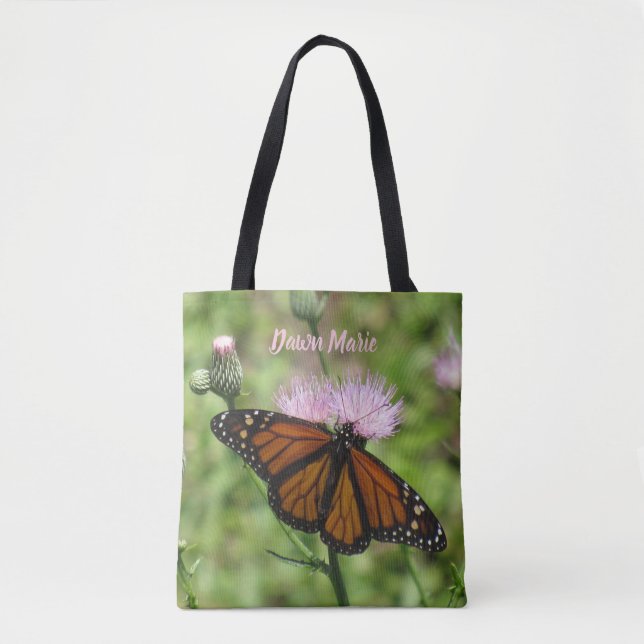 Personalized Monarch Butterfly and Pink Thistle Tote Bag (Front)