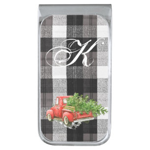 Personalized Money Clip XMAS Truck Buffalo Plaid B