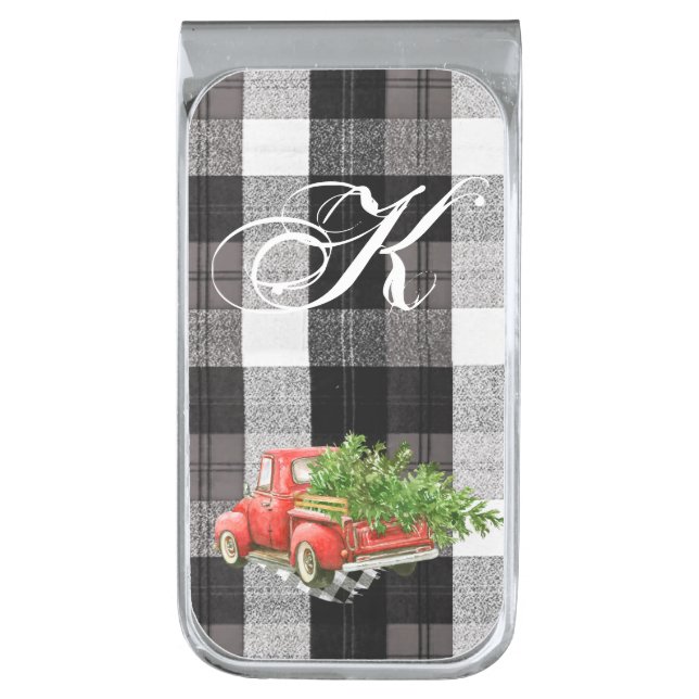 Personalized Money Clip XMAS Truck Buffalo Plaid B (Front Vertical)