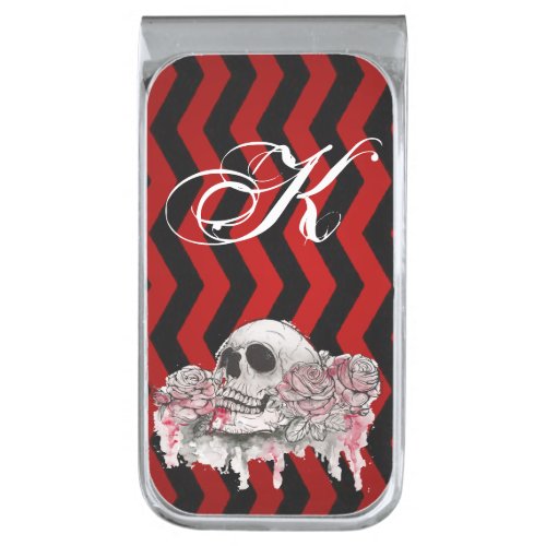 Personalized Money Clipskull Rose goth Chevron bla Silver Finish Money Clip