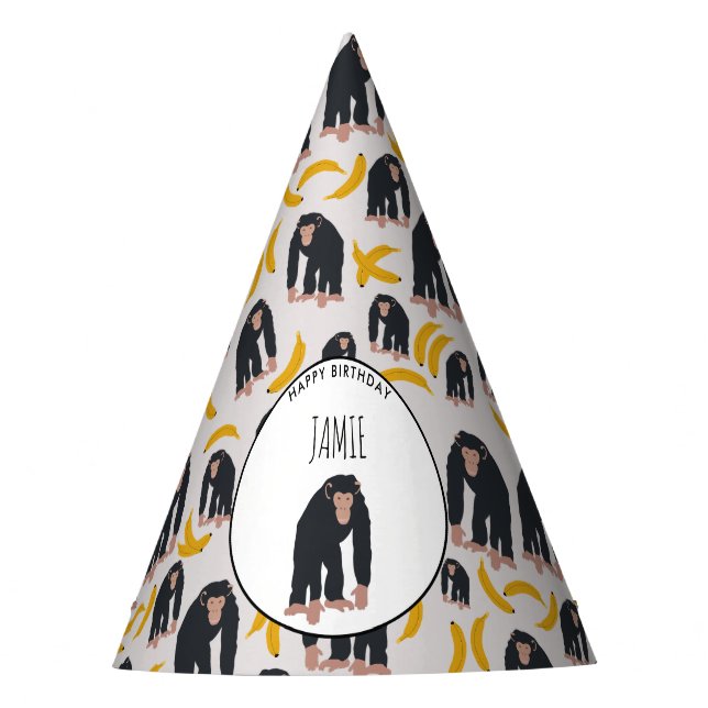 Personalized Monkey Chimpanzee & Banana Birthday  Party Hat (Front)