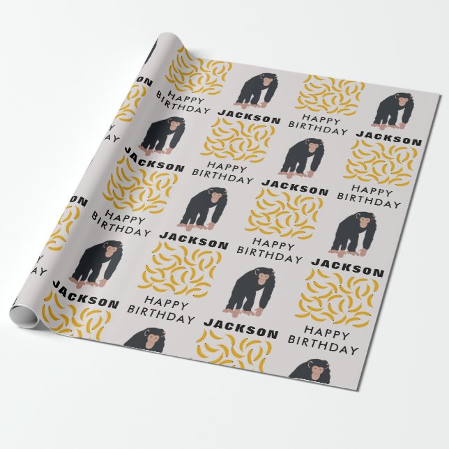 Personalized Monkey Chimpanzee & Banana Birthday  Wrapping Paper (Unrolled)