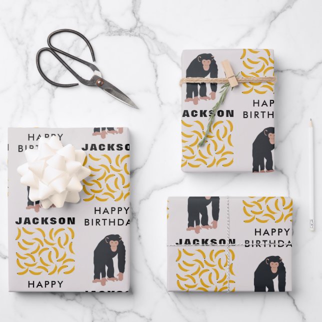 Personalized Monkey Chimpanzee & Banana Birthday Wrapping Paper Sheets (Front)