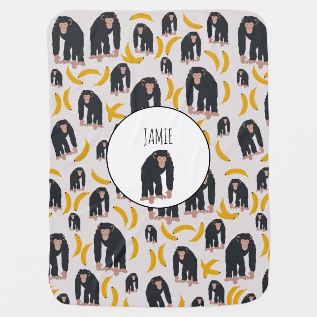 Personalized Monkey Chimpanzee & Banana Pattern  Baby Blanket (Front)
