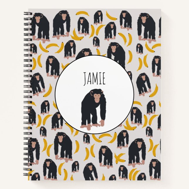 Personalized Monkey Chimpanzee & Banana Pattern Notebook (Front)