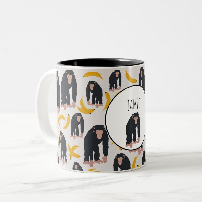 Personalized Monkey Chimpanzee & Banana Pattern Two-Tone Coffee Mug (Front Left)