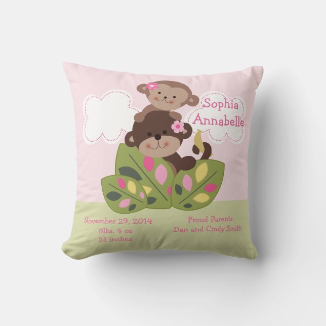 Personalized "Monkey Girl Sisters" Keepsake Pillow (Front)