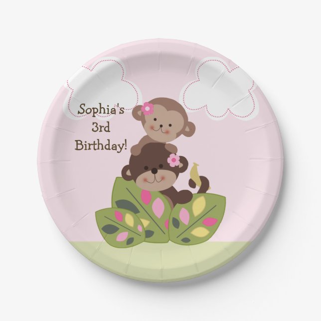 Personalized Monkey Sisters Birthday Party Plates (Front)