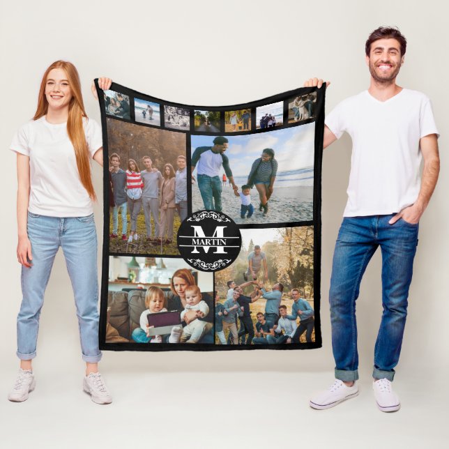 Personalized Monogram  11 Photo Collage Fleece Blanket (In Situ)