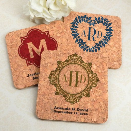 Personalized Monogram 4" Square Cork Coasters (Floral)