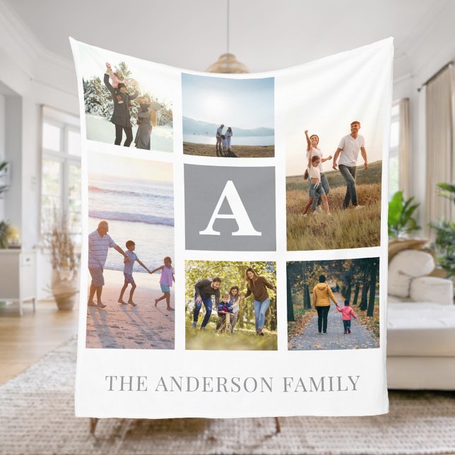 Personalized Monogram 6 Photo Collage Fleece Blanket (Creator Uploaded)
