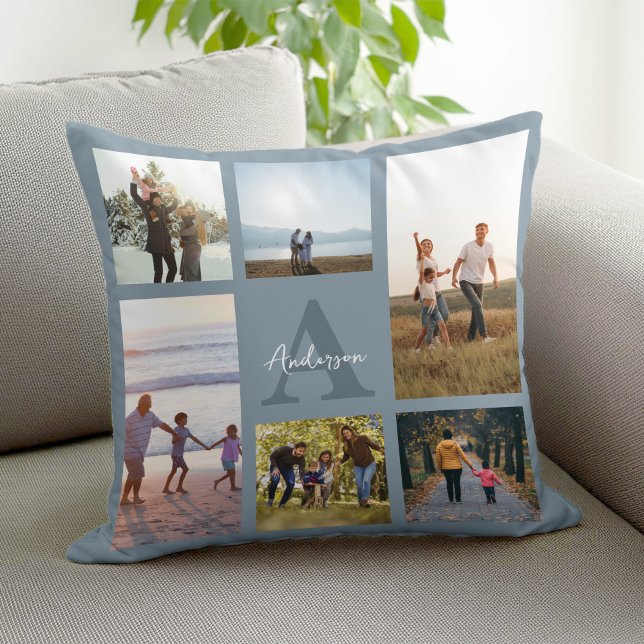 Personalized Monogram 6 Photo Collage Throw Pillow (Creator Uploaded)