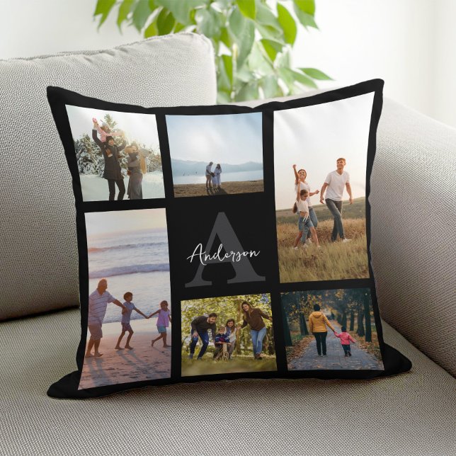 Personalized Monogram 6 Photo Collage Throw Pillow (Creator Uploaded)