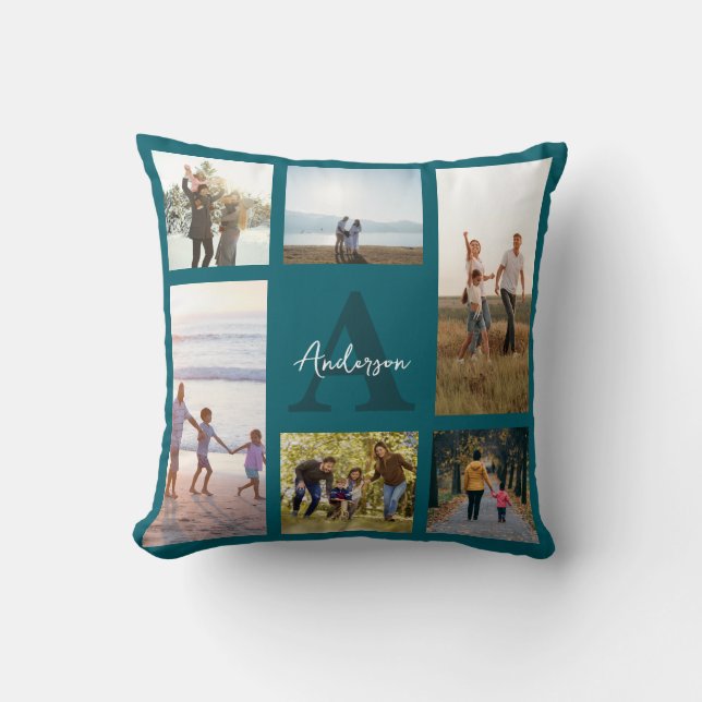 Personalized Monogram 6 Photo Collage Throw Pillow (Front)