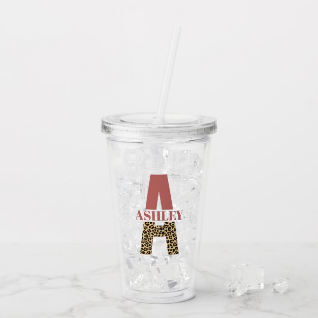 Personalized Monogram A Pink Leopard print Acrylic Tumbler (Back Ice)